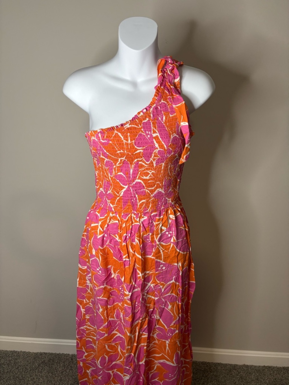 Smocked One-Shoulder Pink & Orange Floral Maxi Dress